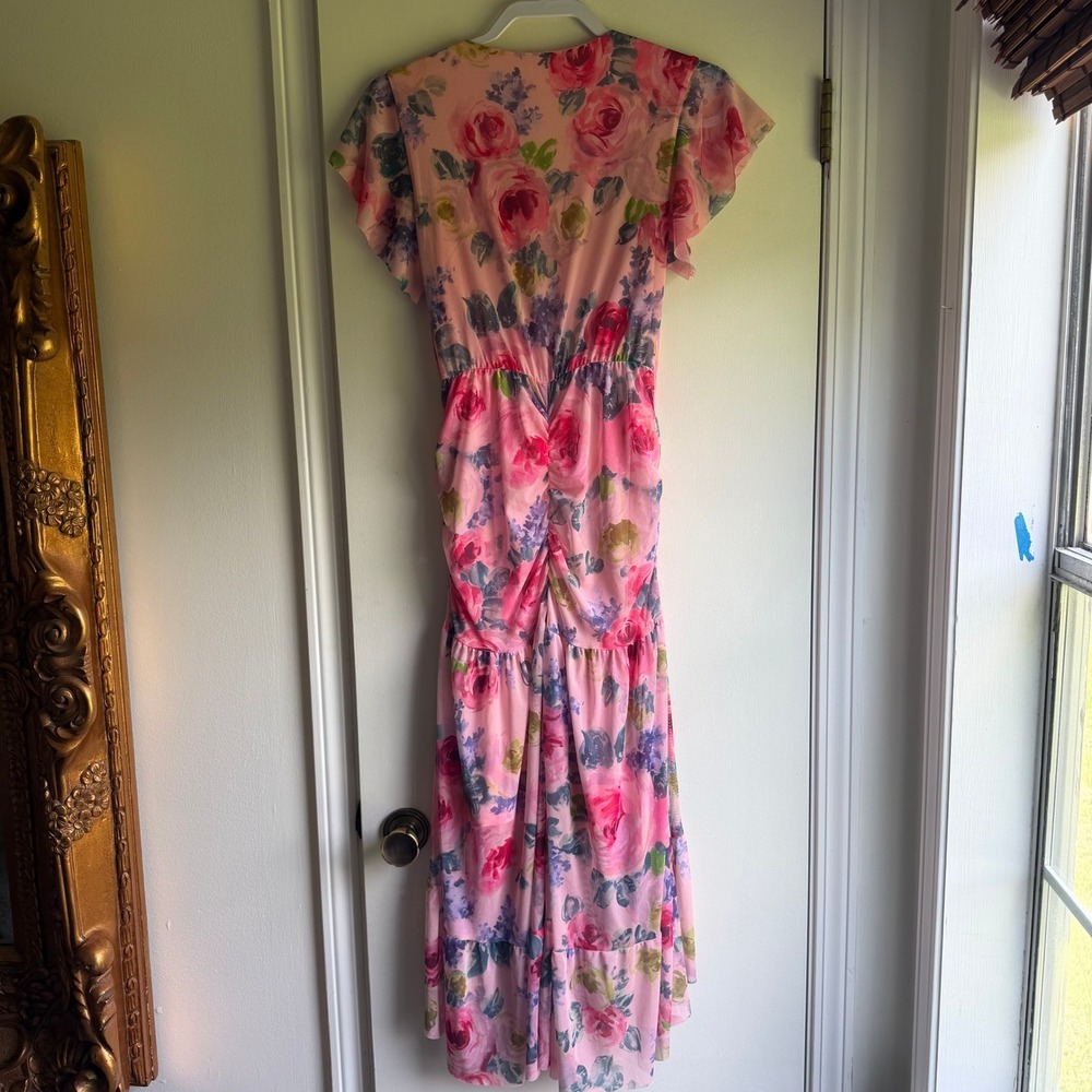 Isaac Mizrahi Live Pink Floral Mesh Twist Front High-Low Midi Dress XXS Rose - Picture 7 of 9